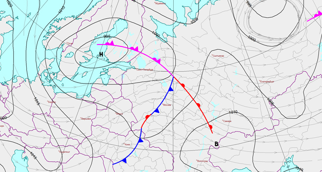 Карта осадков великий новгород. Атмосферные фронты на карте. Синоптический фронт. Карта атмосферных фронтовфронтов. Карта атмосферных фронтов России.