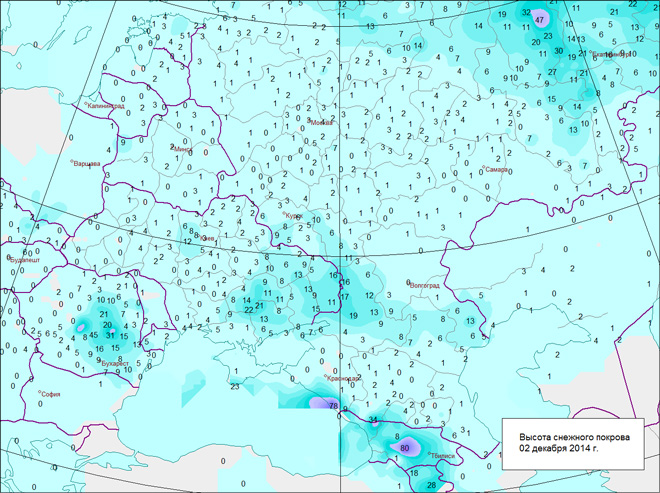 Величина снежного покрова карта