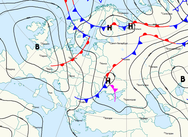 Карта движения циклонов и антициклонов онлайн