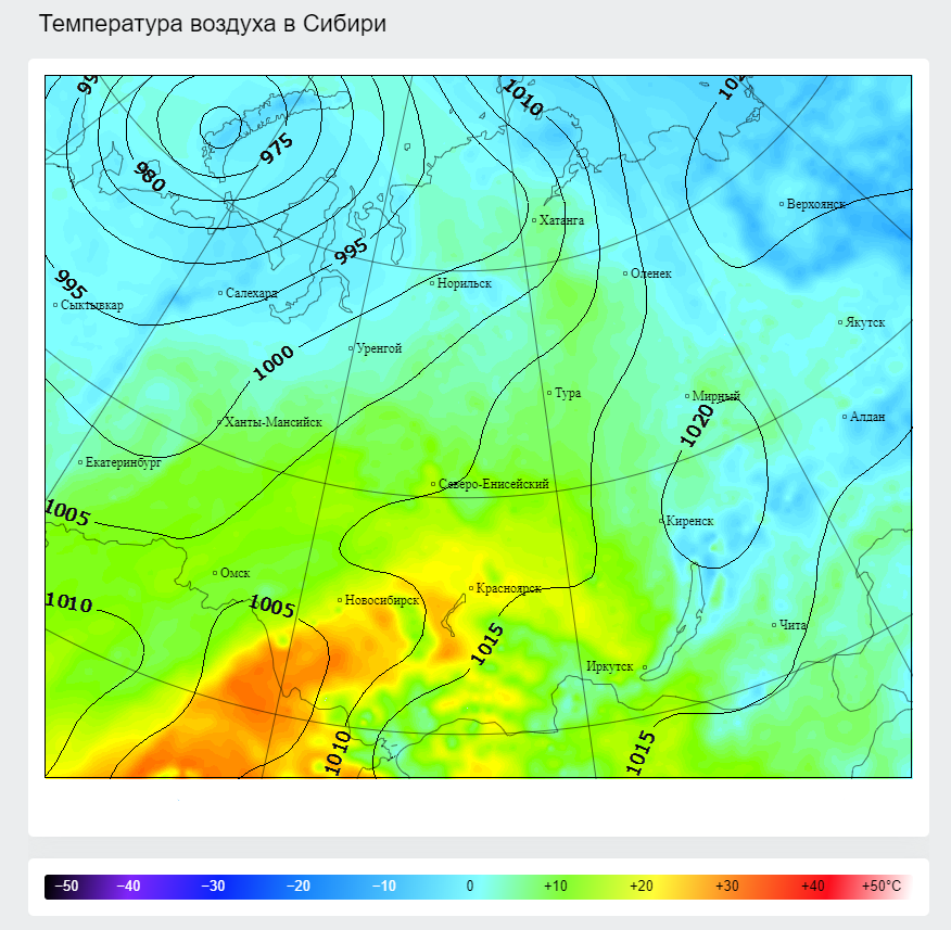 Карта погоды. Какой ветер теплый в Сибири.