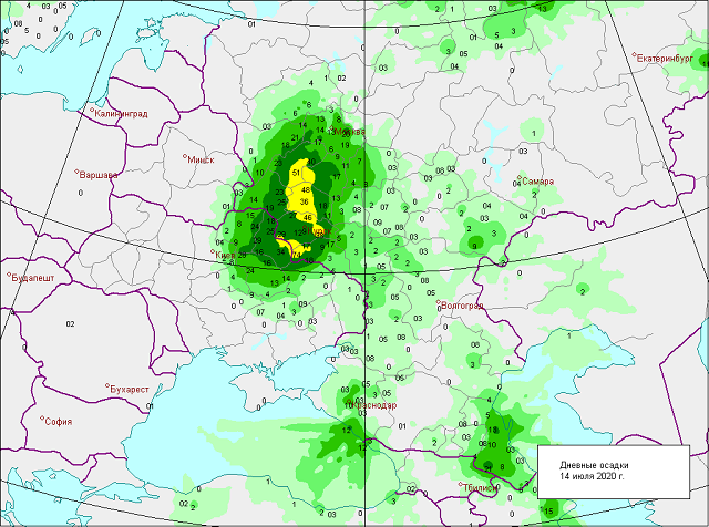 Карта осадков на 14 июля